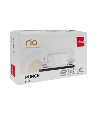 Deli Metal Hole Punch Machine With Lock, 5.5mm Hole Size, 12mm Depth, 80mm Gap, 10 Sheet Limit, Small, White, E0136