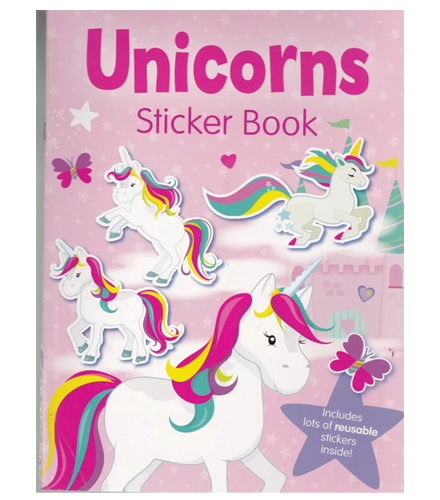 UNICORNS STICKER COLOURING BOOK with 2 PAGES OF STICKERS